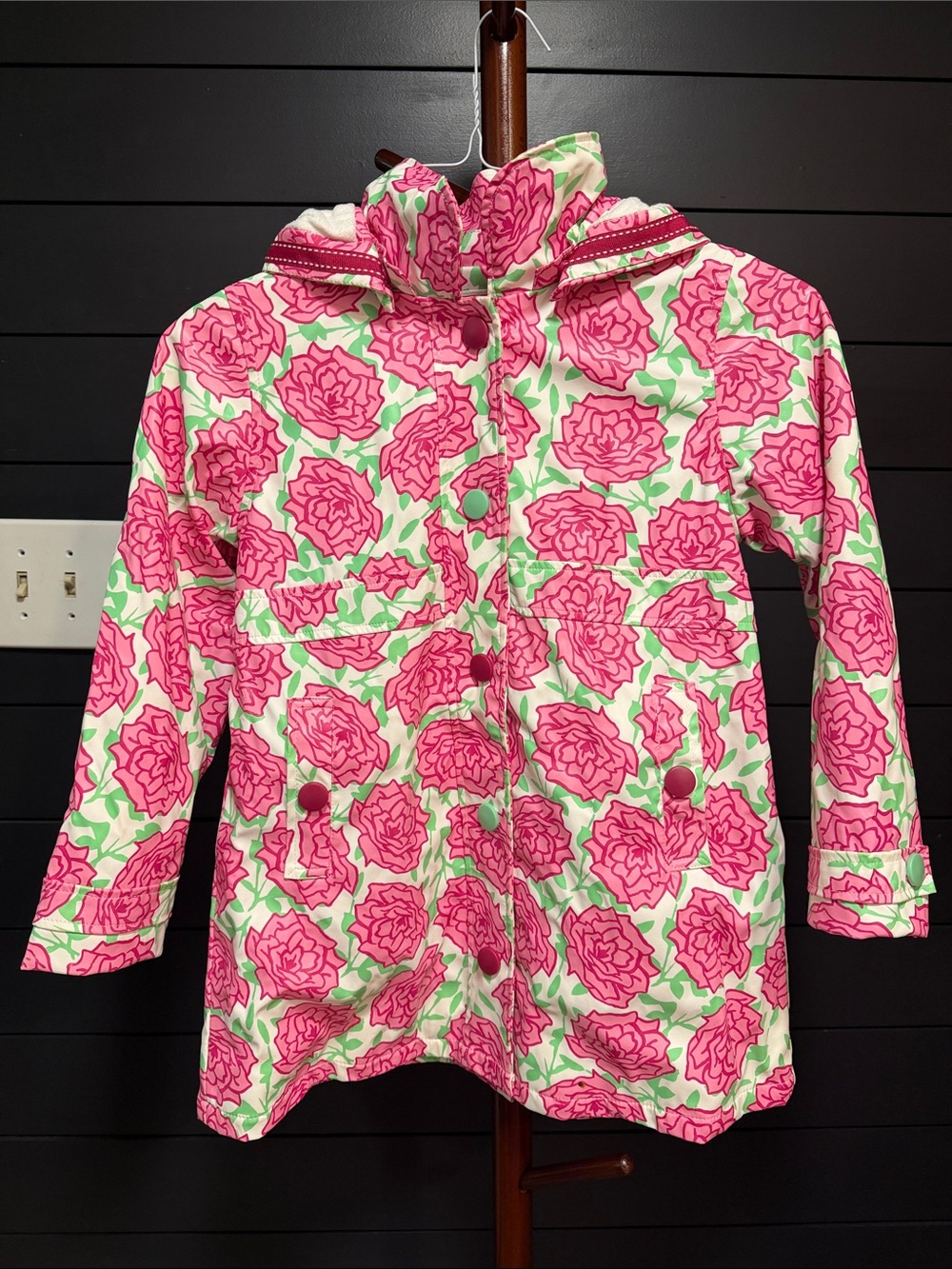 Hatley Pink Floral Hooded Raincoat with Cream Background